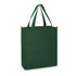 A green tote bag with two handles and a square shape. The bag has a logo on one side.