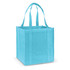 A turquoise tote bag with sturdy handles and a rectangular shape. It features a logo on the front.