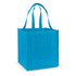 A bright blue tote bag with sturdy handles and a boxy shape, featuring a single logo on one side.