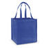 A blue tote bag with long handles and a sturdy design, featuring a logo on one side.