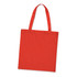 A red cotton tote bag with two handles and a blank surface. It features a logo or branding on one side.