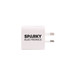 A white charger with two prongs and a logo on one side.