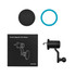 A black car phone holder with a magnetic vent mount and round adhesive backing; includes a blue ring and packaging.