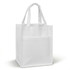 A white shopping bag with two handles and a front pocket, featuring a logo.