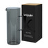 A drink bottle with a sleek grey design, accompanied by a black box featuring a logo.