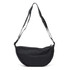 A black crescent-shaped bag with a long adjustable strap. Features a zipper closure and includes a logo.
