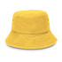 A yellow bucket hat with a wide brim and textured fabric, featuring a logo on the side.