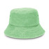 A green bucket hat with a soft, textured finish and a wide brim, featuring ventilation eyelets.