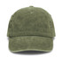 A vintage washed cap in olive green featuring a soft, textured fabric and a curved peak. It includes a logo on the front.
