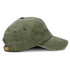 A vintage washed olive green cap with a curved brim and an adjustable strap at the back. Features a logo.