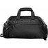 A black duffle bag with multiple compartments and a handle, featuring a logo.