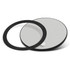 A round, multi-functional magnetic badge in black and silver, featuring a removable outer ring.