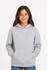 A grey hoodie for kids featuring a front pocket and a hood, modelled by a smiling young girl.