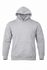 A grey hoodie featuring a front pocket and a hood, with a logo on the garment.