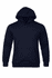 A navy blue men's hoodie featuring a front pocket and a hood, with a branding logo.
