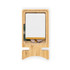 A bamboo charging stand with a rectangular surface and an electronic base, featuring a simple design and one logo.