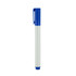 A blue whiteboard marker with a white body and a clip on the cap. It features branding on the body.
