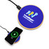 A circular wireless charger with a wooden base and a blue surface, featuring an illuminated logo and a phone charging on it.