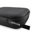A black, textured headphone case featuring a branding label. The case is zippered and slightly rounded.
