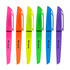 A collection of highlighter pens in pink, orange, green, blue, and purple with a branding logo on each.