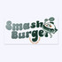 A rectangular sticker featuring the words "Smash Burger" in playful text with a character holding a tennis racket. Predominantly green and white.