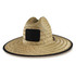 A straw beach hat with a wide brim and a black patch on the front. Features a natural woven design.