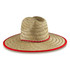 A straw beach hat in light brown with a wide brim and red detailing around the edge. It has a woven texture and a logo.