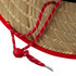 A straw beach hat with a woven pattern, featuring a red drawstring for adjustment.