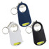 A drink bottle opener key ring in navy, white, and black, featuring a light and a branding logo.