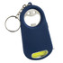 A drink bottle opener key ring in navy blue with a built-in torch and keychain attachment. Includes a logo.