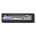 A pencil set in a sleek black gift box, featuring a silver pencil and a matching case. It has branding on the box.