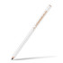 A white carpenter's pencil with a black lead and an engraved logo in a light colour.