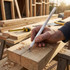 A white Staedtler carpenter's pencil being used on a wooden board, with tools and timber in the background.