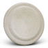 A round, light grey plate with a speckled finish and a slightly raised edge, featuring a branding logo.