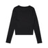 A black long-sleeve tee featuring a simple design and a logo. The back view showcases a fitted silhouette.