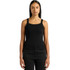 A black collegiate tank top featuring a square neckline, made from organic fabric, with a logo on the front.