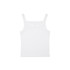 A white organic collegiate tank top with thin straps, featuring a simple design and branding detail.