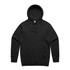 A black hoodie with a front pocket and adjustable drawstring hood. It features a logo on the garment.