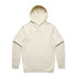 A cream-coloured hoodie featuring a front pocket and a drawstring hood, with a logo on the sleeve.