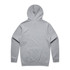 A grey hoodie with a back view, featuring long sleeves and a hood. It has a branding logo.
