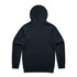 A black hoodie with a plain back design and a hood. It features a logo at the base of the neck.