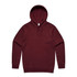 A maroon hoodie featuring a front pocket and a drawstring hood. It includes a logo on the tag.