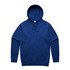 A blue hoodie with a front pocket and an adjustable hood, featuring a logo on the front.