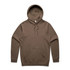 A brown hoodie featuring a front pocket and a drawstring hood, with a small logo on the label.