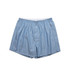 Light blue shorts with fine white stripes, featuring an elastic waistband and a logo. Suitable for casual wear.