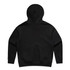 A black hoodie with a kangaroo pocket and a hood, featuring a plain back and a branding logo.