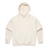 A cream-coloured hoodie featuring a front pocket and a hood. It has a branding logo on the material.