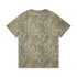 A heavy faded camo tee in shades of green and earthy tones with a camouflage pattern. It features a logo.