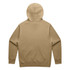 A khaki hoodie with a large hood and long sleeves, featuring a branding logo. The back is plain.