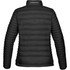 A black women's puffer jacket with a quilted design and a high collar, featuring a logo at the back.